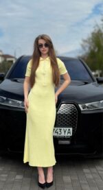 Женское Длинное Приталенное Желтое Платье Поло Трикотаж с Короткими Рукавами
