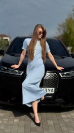 Женское Длинное Приталенное Голубое Платье Поло Трикотаж с Короткими Рукавами