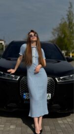 Женское Длинное Приталенное Голубое Платье Поло Трикотаж с Короткими Рукавами
