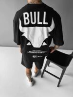 Мужская Хлопковая Черная Футболка Оверсайз - Объемная с Принтом "Bull"