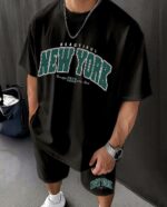 Мужской Черный Летний Костюм "New York" Футболка Шорты - Свободного Кроя Хлопковый