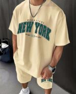 Мужской Бежевый Летний Костюм "New York" Футболка Шорты - Свободного Кроя Хлопковый