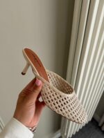 Женские Плетеные Молочные Туфли Мюли на Шпильке