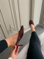 Женские Плетеные Бордовые Туфли Мюли на Шпильке