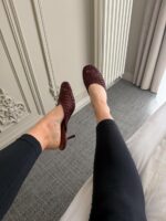Женские Плетеные Бордовые Туфли Мюли на Шпильке