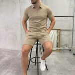 Мужской Базовый Летний Бежевый Костюм - Футболка Поло + Шорты со Стрелками