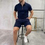 Мужской Базовый Летний Темно-Синий Костюм - Футболка Поло + Шорты со Стрелками