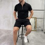 Мужской Базовый Летний Черный Костюм - Футболка Поло + Шорты со Стрелками