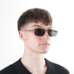 Мужские Безободочные Прямоугольные Черные Солнцезащитные Очки с Металлической Серебристой Оправой