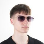 Мужские Безободочные Прямоугольные Черные Солнцезащитные Очки с Металлической Золотистой Оправой