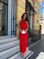 Женское Длинное Трикотажное Красное Платье Халтер в Рубчик