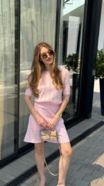 Женский Свободный Трикотажный Розовый Костюм - Футболка + Юбка Мини