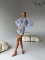 Женская Голубая Пляжная Накидка Платье Мини в Крупную Сетку