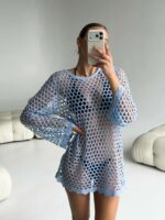 Женская Голубая Пляжная Накидка Платье Мини в Крупную Сетку