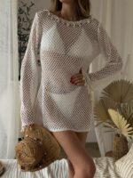 Женская Белая Пляжная Туника Платье Мини - Ажурная в Сеточку с Декоративными Ракушками