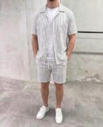 Мужской Летний Полосатый Белый Костюм Рубашка Шорты