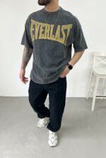 Мужская Хлопковая Вареная Графитовая Футболка “EVERLAST” Оверсайз с Надписью
