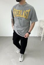 Мужская Хлопковая Вареная Серая Футболка “EVERLAST” Оверсайз с Надписью