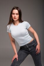 Женская Базовая Короткая Голубая Футболка Слим