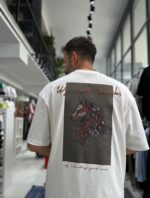 Мужская Хлопковая Белая Футболка Оверсайз с Нашивкой Вышивкой Волка на Спине