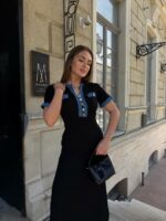 Женское Длинное Приталенное Черное Платье с Короткими Рукавами и Джинсовыми Вставками