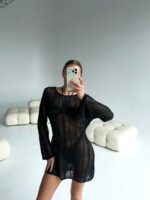 Женское Ажурное Черное Пляжное Платье Парео Мини с Длинными Рукавами