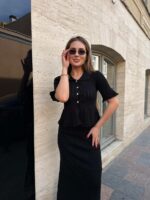 Женский Черный Костюм Двойка с Рюшами - Топ с Короткими Рукавами + Длинная Юбка