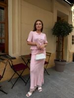 Женский Розовый Костюм Двойка с Рюшами - Топ с Короткими Рукавами + Длинная Юбка