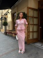 Женский Розовый Костюм Двойка с Рюшами - Топ с Короткими Рукавами + Длинная Юбка