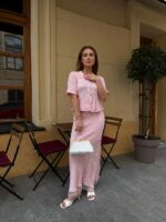 Женский Розовый Костюм Двойка с Рюшами - Топ с Короткими Рукавами + Длинная Юбка