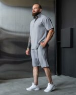 Мужской Летний Серый Костюм Лен Жатка - Комплект Рубашка Шорты