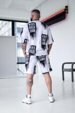 Мужской Летний Белый Костюм в Принт Надписи - Оверсайз Футболка + Свободные Шорты