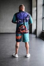 Мужской Летний Бирюзовый Костюм в Принт CITY - Оверсайз Футболка + Свободные Шорты