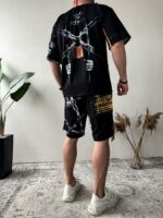 Мужской Летний Черный Костюм в Принт Мафия - Оверсайз Футболка + Свободные Шорты