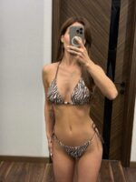 Женский Раздельный Коричневый Купальник Шторки на Завязках в Зебровый Принт