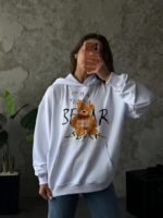 Женское Базовое Белое Оверсайз Худи с Принтом Мишкой