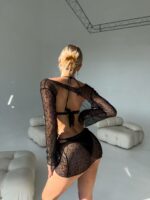 Женский Раздельный Черный Купальний с Золотистым Украшением + Пляжное Платье Туника