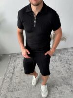 Мужской Летний Черный Костюм в Рубчик с Зип Воротнмком Поло - Комплект Футболка Шорты