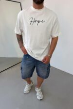 Мужская Хлопковая Белая Футболка «H.o.p.e» Оверсайз с Бархатным Принтом на Спине и Вышивкой