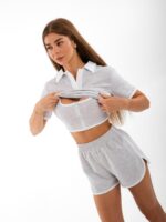 Женский Серый Летний Костюм Тройка с Окантовкой - Топ + Футболка + Шорты