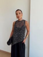 Женская Черная Майка в Сеточку с Пайетками