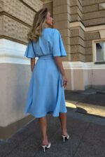 Женское Льняное Голубое Платье Талия на Запах с Поясом