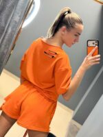 Женский Летний Рваный Оранжевый Костюм Свободного Кроя (Футболка + Шорты)