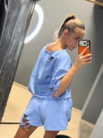 Женский Летний Рваный Голубой Костюм Свободного Кроя (Футболка + Шорты)
