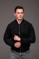 Мужская Черная Куртка Бомбер Замш на Молнии