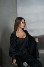 Женский Черный Комплект Тройка - Топ на Бретелях + Оверсайз Рубашка + Штаны Палаццо
