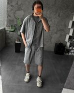 Мужской Летний Серый Меланж Костюм Жатка (Шведка + Шорты)