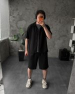 Мужской Свободный Черный Летний Костюм Комплект Шведка Шорты из Льна