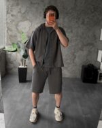 Мужской Свободный Графитовый Летний Костюм Комплект Шведка Шорты из Льна