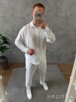 Мужской Летний Белый Костюм Лен Жатка - Комплект Рубашка Штаны Свободного Кроя